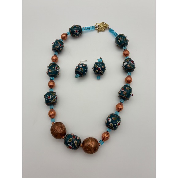 Jewelry - Vintage Lampwork Glass & Copper Bead Necklace Earring Set Teal Blue Floral Leaf